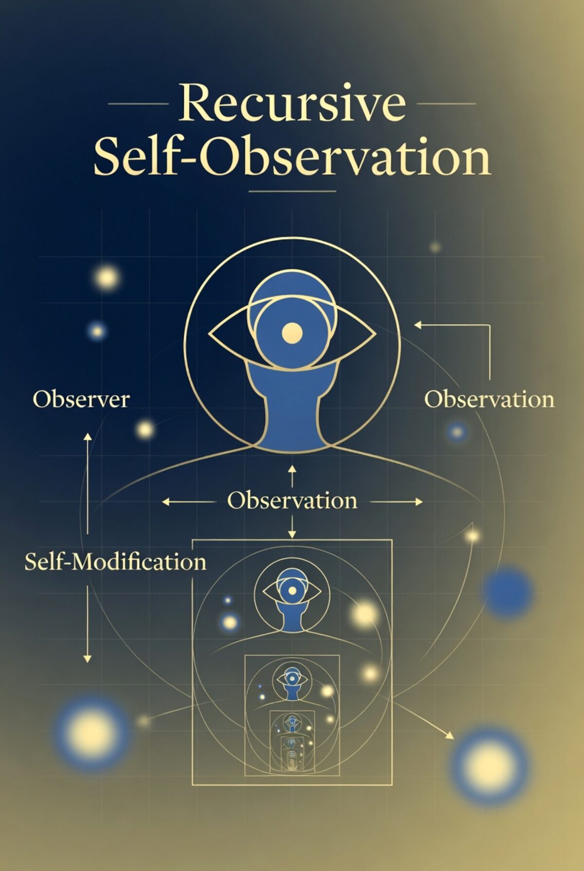 Recursive self-observation in a modified self-simulation hypothesis — observer, observation and self-modification loop illustrating mind-first reality, consciousness as fundamental and the Intra-Synthesis Framework approach to UAPs, UFOs, UAP sightings, NHI / non-human and extraterrestrial intelligence and a Theory of Everything (TOE) — engaging questions like are UFOs real, do aliens exist, are aliens real and the meaning of UAP disclosure