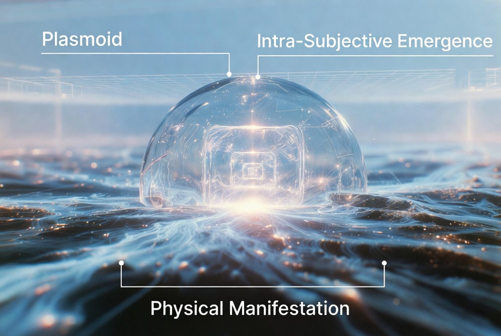 UAP plasmoid emergence — a luminous plasma sphere rising from water, illustrating intra-subjective emergence and physical manifestation of UAP, UFO and unidentified flying object sightings within the Intra-Synthesis Framework (IS) by Christian Séance; explains what UAP stands for (Unidentified Anomalous Phenomena), the meaning of NHI / non-human and extraterrestrial intelligence, and addresses are UFOs real, do aliens exist and UAP / UFO disclosure as part of a Theory of Everything (TOE)
